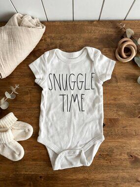 Rae Dunn Baby Bodysuit 0-3M — White "SNUGGLE TIME" Short Sleeve